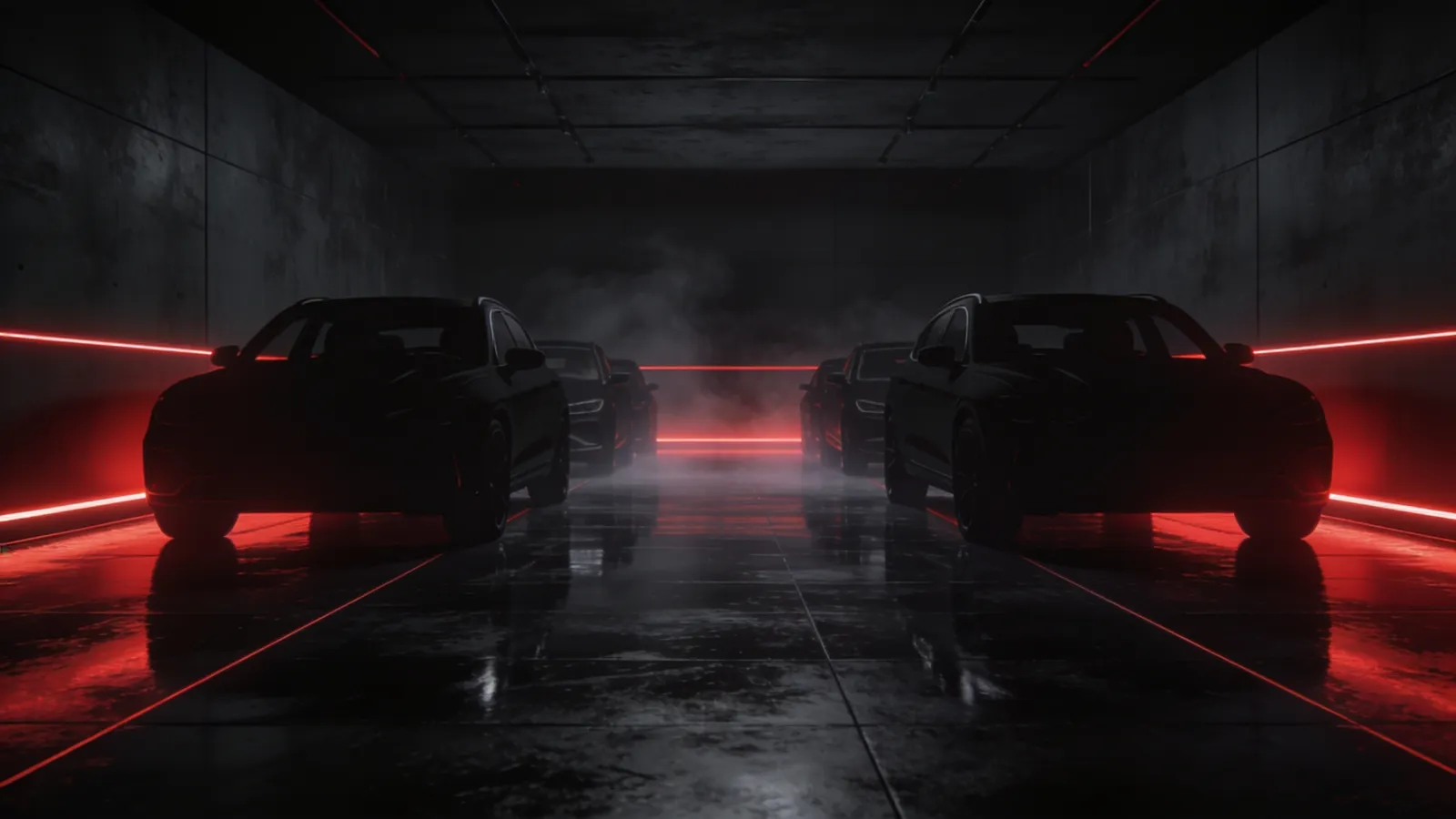 The Market Motors showroom floor with vehicles under red accent lighting